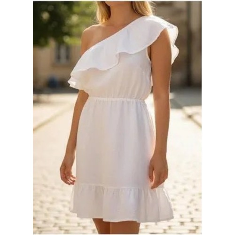 Valentina Naldi One Shoulder Ruffle 100% Linen Dress Womens Medium‎ White Boho
